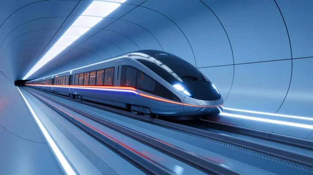 Illustration de la technologie de sustentation magnétique du train supersonique T-Flight, générée par intelligence artificielle.