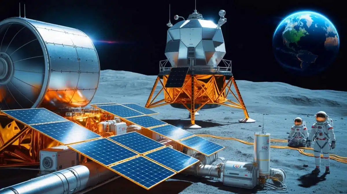 Illustration de la technologie radiovoltaïque pour alimenter des bases lunaires, créée par intelligence artificielle.