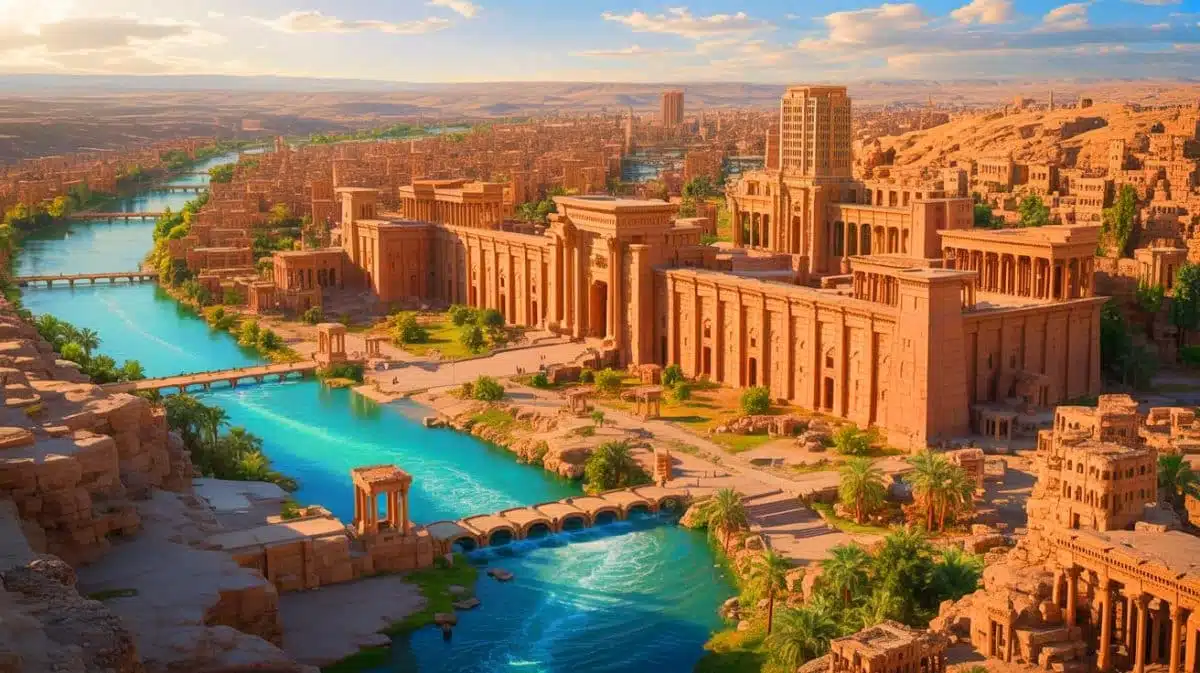Illustration of the rediscovery of a 1,000-year-old Babylonian hymn through artificial intelligence.