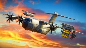 Illustration of Airbus A400M equipped for drone missions, electronic warfare, and firefighting operations, generated by artificial intelligence.