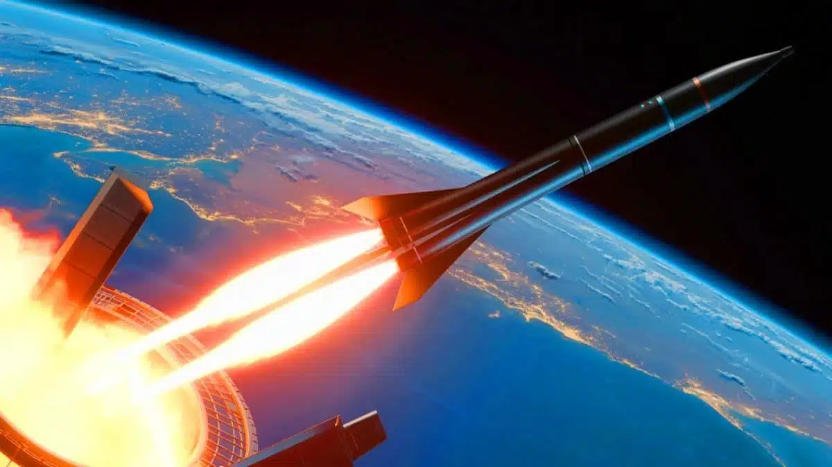 Illustration of hypersonic missiles launching from space, generated by artificial intelligence.