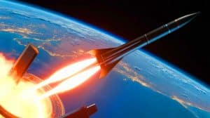 Illustration of hypersonic missiles launching from space, generated by artificial intelligence.