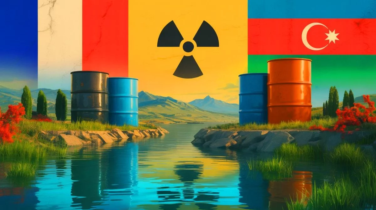 Illustration de l'impact potentiel des déchets nucléaires français en Arménie sur les relations géopolitiques et environnementales. Image réalisée par IA.