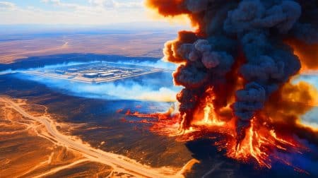Illustration de l'incendie Gothic Fire ravageant les terres près de la Zone 51, créée par intelligence artificielle.