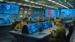 Illustration de l'intégration d'un système militaire avancé utilisant l'intelligence artificielle, générée artificiellement.