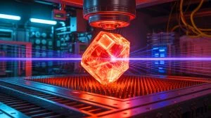 Illustration de puissants lasers émanant du nouveau cristal BGSe, générée par intelligence artificielle.