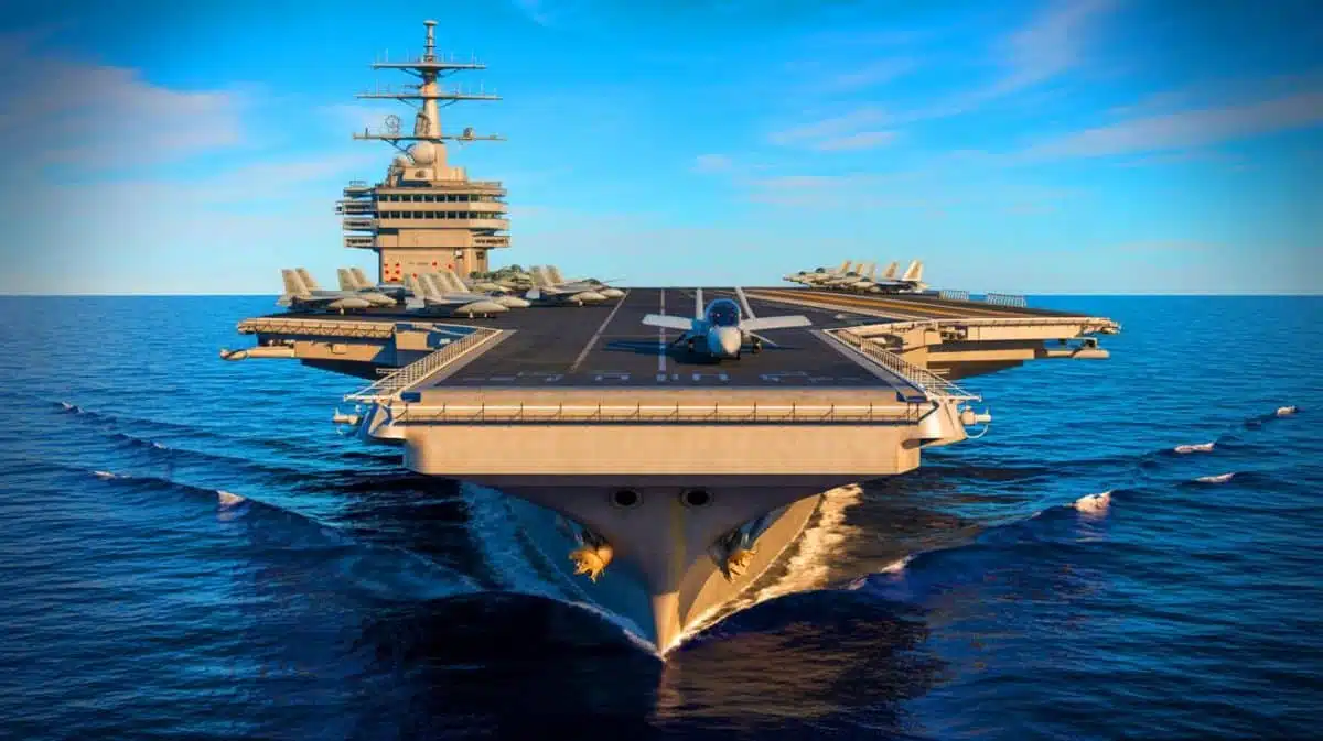 Illustration de l'USS Gerald R. Ford, le plus long porte-avions du monde, générée par intelligence artificielle.