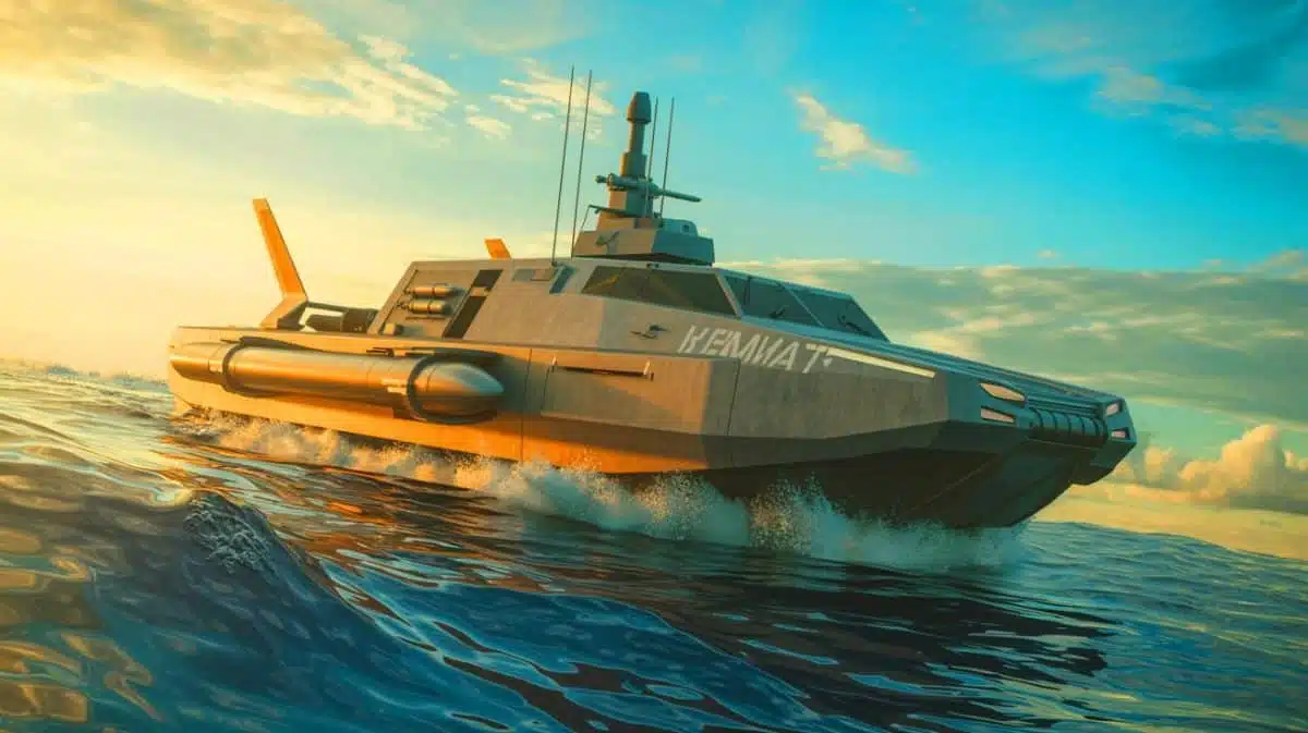 Illustration de l'AIRCAT Bengal MC, navire de guerre autonome américain, générée par intelligence artificielle.