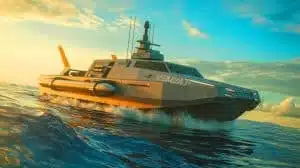 « Il peut frapper sans équipage » : les États-Unis dévoilent un navire autonome terrifiant aux capacités militaires inédites Illustration de l'AIRCAT Bengal MC, navire de guerre autonome américain, générée par intelligence artificielle.