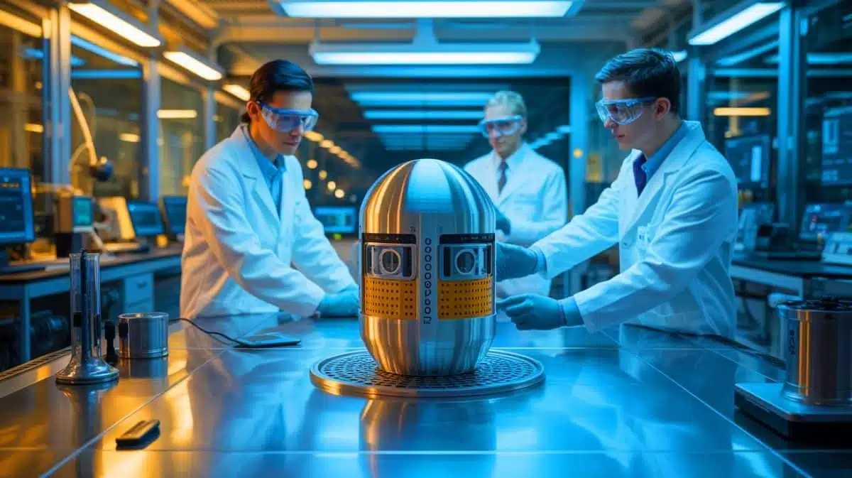 Illustration de capsules en acier inoxydable imprimées en 3D dans un réacteur nucléaire, générée par intelligence artificielle.