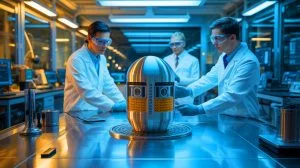 Illustration de capsules en acier inoxydable imprimées en 3D dans un réacteur nucléaire, générée par intelligence artificielle.