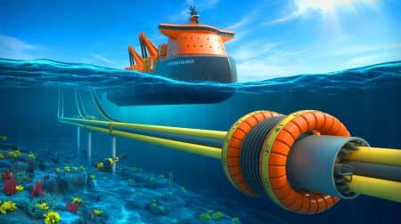 Illustration de l'interconnecteur énergétique sous-marin entre le Royaume-Uni et l'Allemagne, créée par intelligence artificielle.