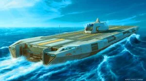 Illustration de l'innovant Bengal Module Carrier, un navire de guerre autonome à haute vitesse, générée par intelligence artificielle.
