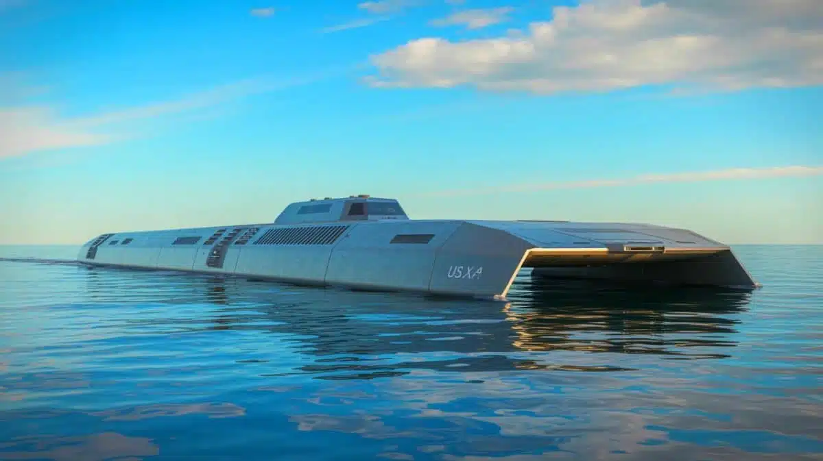 Illustration de l'USX-1 Defiant, navire autonome développé par la Darpa, générée par intelligence artificielle.
