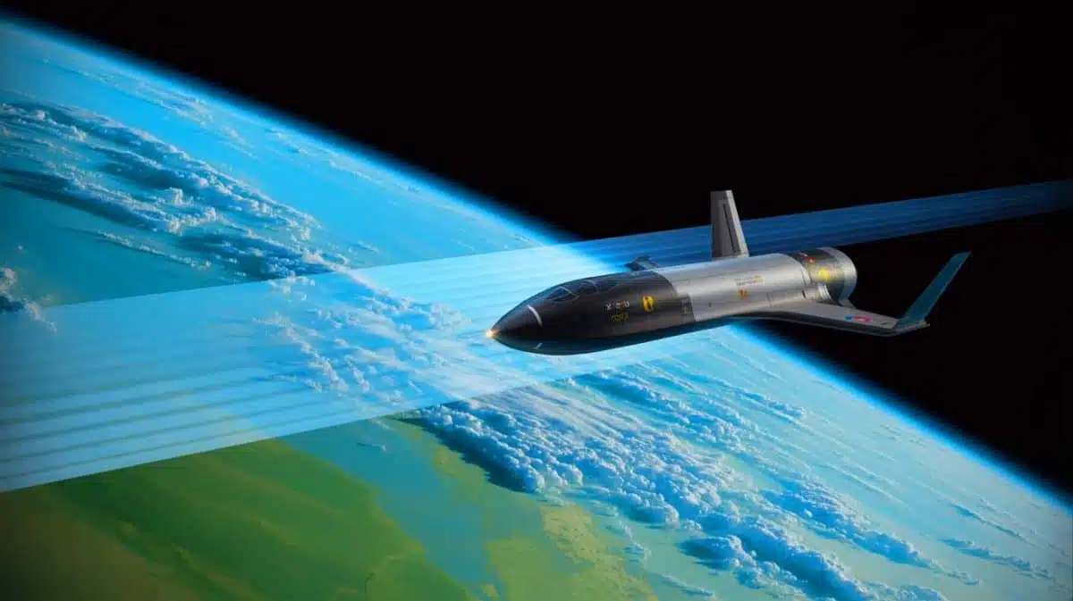 Illustration du spaceplane X-37B utilisant la technique d'aérofreinage, générée par intelligence artificielle.