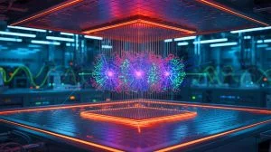 Illustration de l'entrelacement quantique et des métasurfaces pour la création d'hologrammes de haute précision, générée par intelligence artificielle.