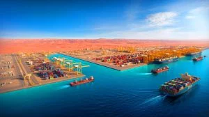 Illustration de la construction du port de Neom dans la ville industrielle d'Oxagon.
