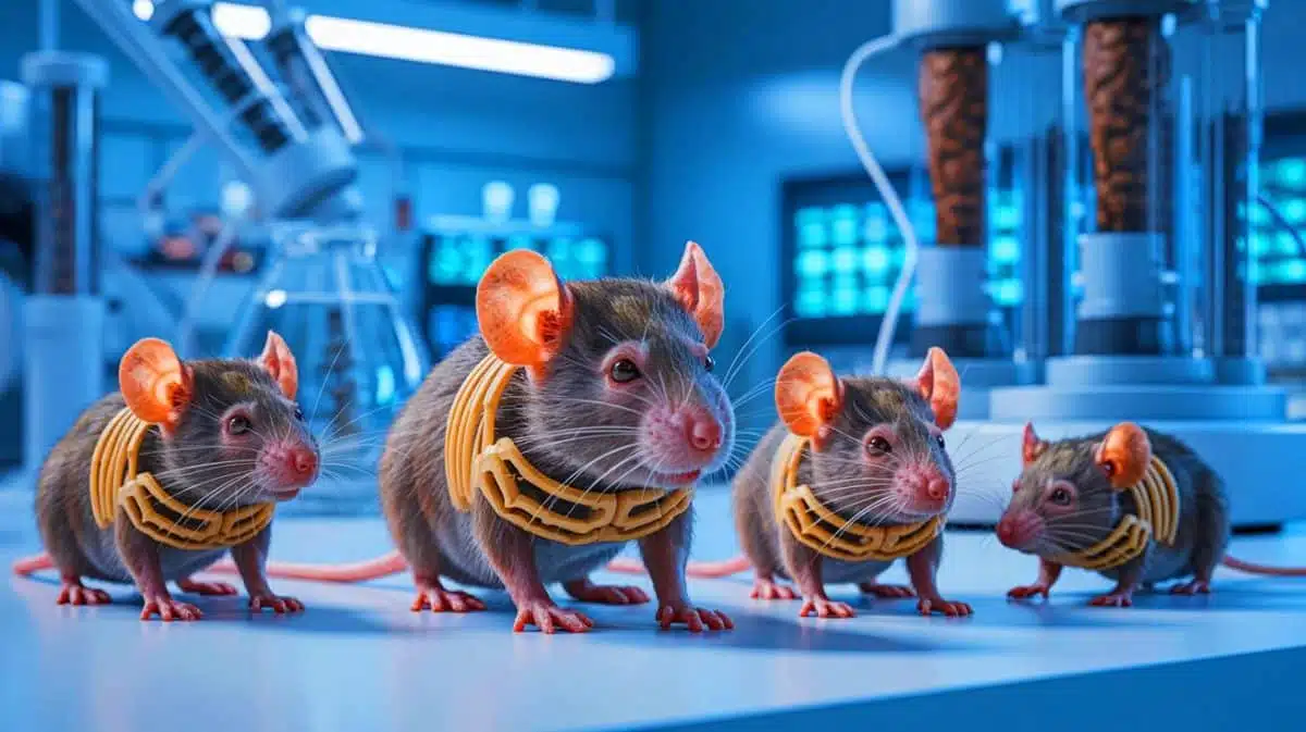 Illustration de souris présentant des traits néandertaliens après injection d'ADN ancien, générée par intelligence artificielle.