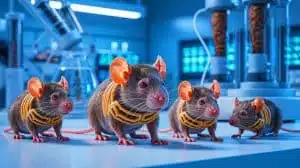 Illustration de souris présentant des traits néandertaliens après injection d'ADN ancien, générée par intelligence artificielle.