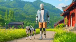 Illustration de Uncle Bot, le robot humanoïde devenu viral pour son style vestimentaire décontracté et ses mouvements réalistes, générée par intelligence artificielle.