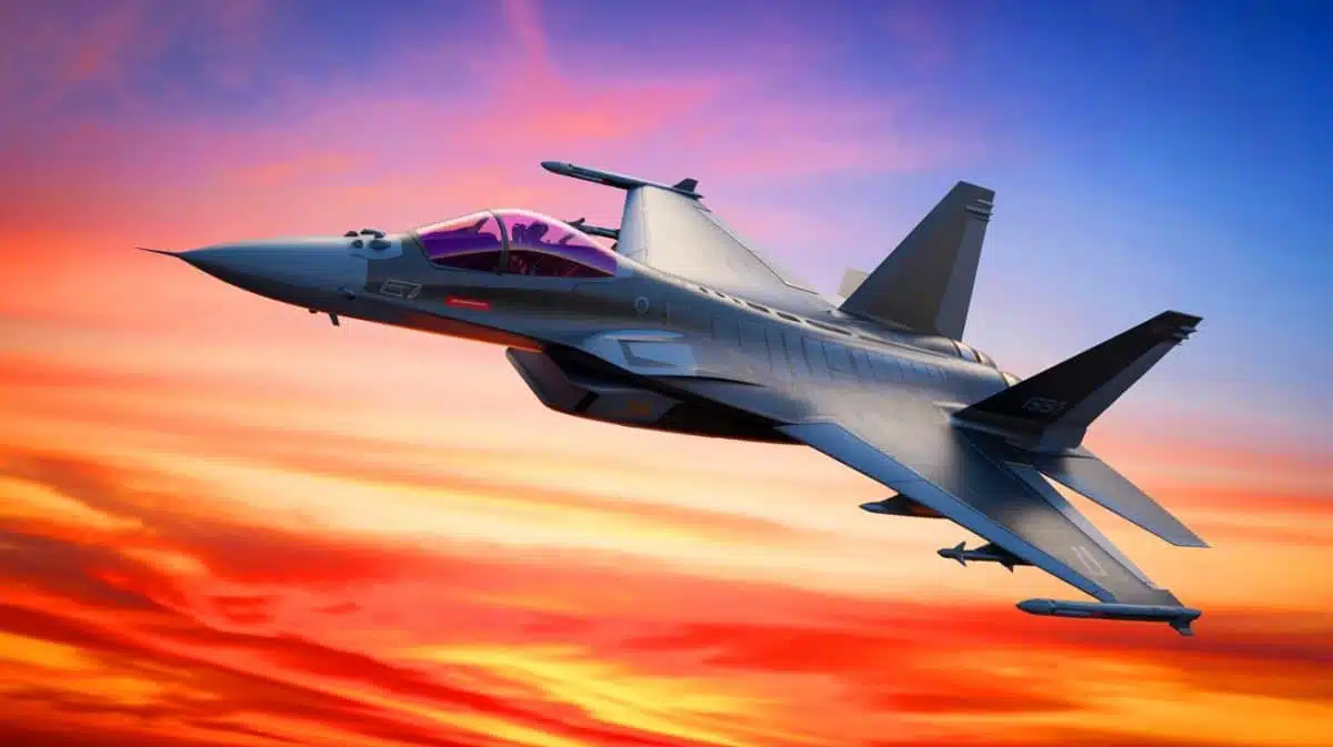 Illustration de l'amélioration des avions de chasse grâce aux alliages à mémoire de forme, créée par intelligence artificielle.