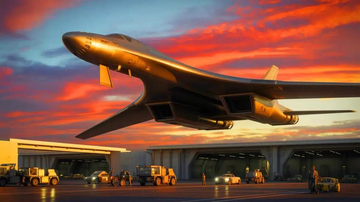 Illustration de l'expansion de la production du bombardier B-21 Raider par intelligence artificielle.