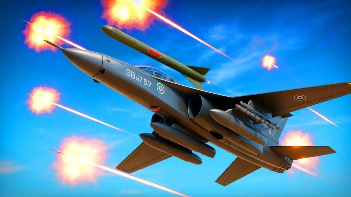Illustration de la vulnérabilité des bombes GBU-57 face aux défenses antiaériennes, générée par intelligence artificielle.