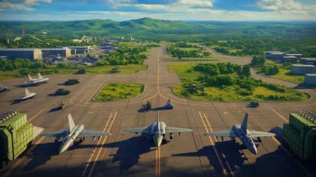 Illustration de la réduction des dépenses militaires américaines et son impact sur la consommation d'énergie, générée par intelligence artificielle.