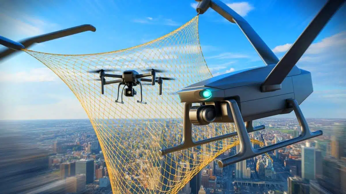 Illustration de systèmes anti-drones en action, générée par intelligence artificielle.