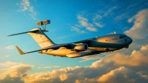 Illustration de la modernisation des C-17 avec des microvannes imprimées en 3D, générée par intelligence artificielle.
