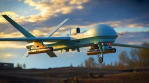 Illustration de drones kamikazes russes propulsés par des moteurs chinois, générée par intelligence artificielle.