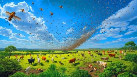 Illustration de la lutte contre le ver à vis du Nouveau Monde par l'utilisation de mouches stériles, réalisée par intelligence artificielle.