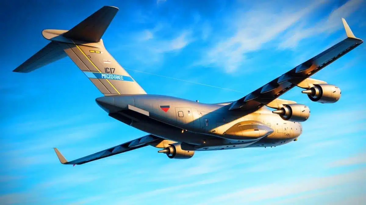 Illustration de l'installation de micro-ailettes sur le C-17 Globemaster III, générée par intelligence artificielle.