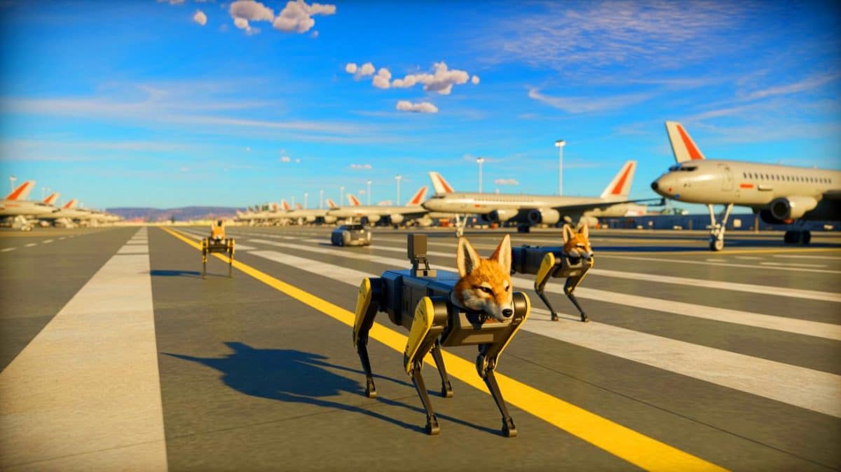 Illustration de coyotes robotiques patrouillant sur une piste d'atterrissage, générée par intelligence artificielle.