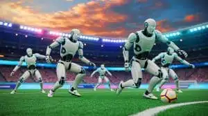 Illustration de robots humanoïdes en pleine compétition de football autonome, générée par intelligence artificielle.
