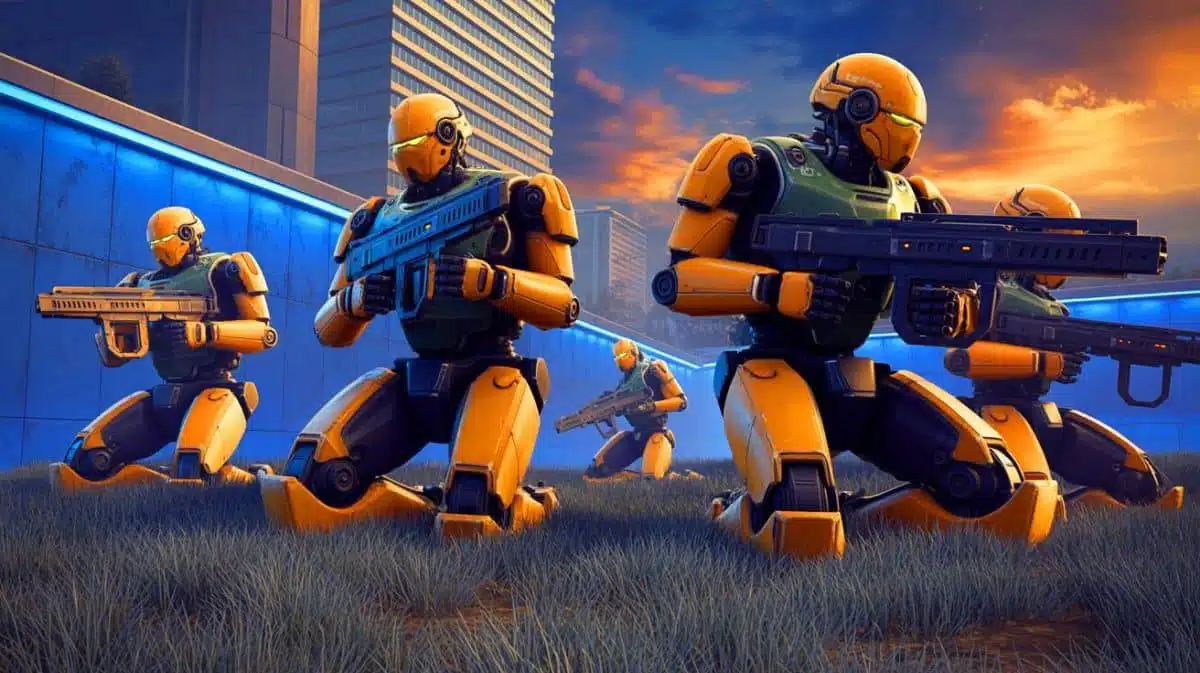 Illustration de robots humanoïdes armés sur un champ de bataille, générée par intelligence artificielle.