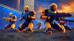 Illustration de robots humanoïdes armés sur un champ de bataille, générée par intelligence artificielle.