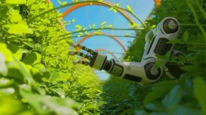 Illustration de SonicBoom, un système de détection innovant utilisant des ondes sonores pour la navigation des robots agricoles, générée par intelligence artificielle.