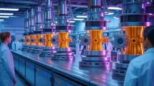 Illustration de machines d'impression 3D fabriquant des composants pour réacteurs de fusion nucléaire, générée par intelligence artificielle.