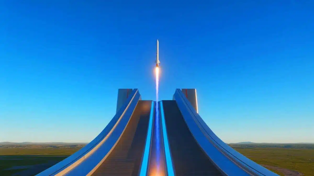 Illustration de l'accélérateur hypersonique d'Auriga Space, une innovation technologique révolutionnaire pour le lancement de satellites, générée par intelligence artificielle.