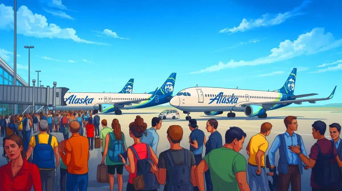 Illustration de la flotte d'Alaska Airlines immobilisée en raison d'une panne informatique, générée par intelligence artificielle.