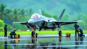Illustration de l'avion de chasse F-35B britannique immobilisé en Inde, générée par intelligence artificielle.