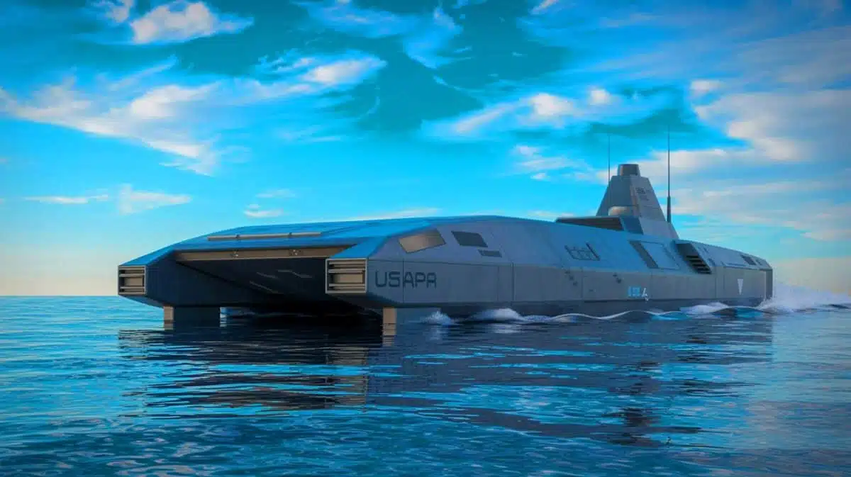 Illustration de l'USX-1 Defiant, navire autonome de la DARPA, générée par intelligence artificielle.