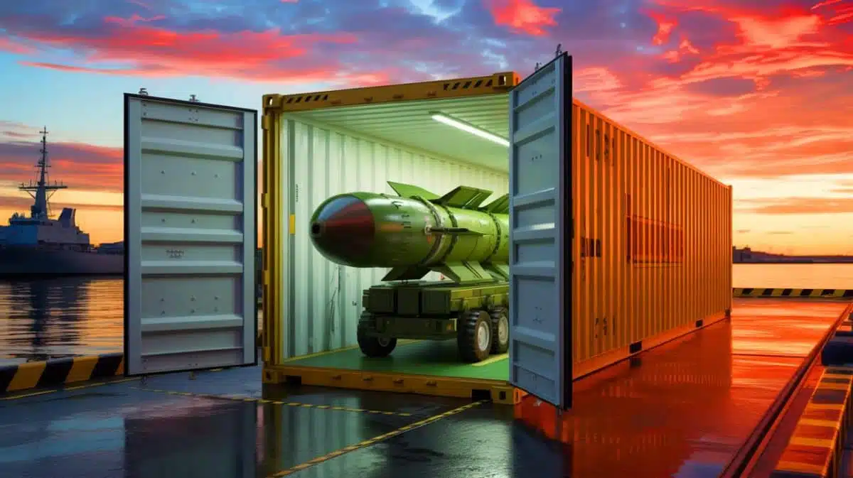 Illustration de conteneurs maritimes transformés en plateformes de lancement de missiles, générée par intelligence artificielle.