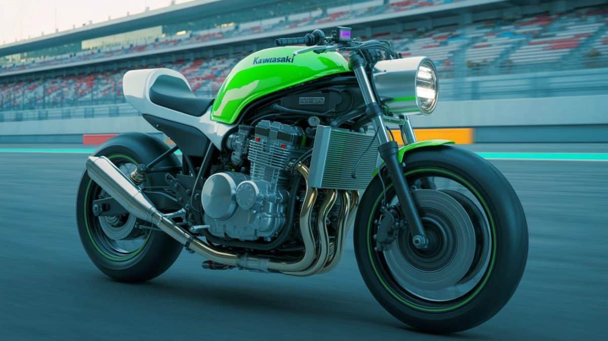 Illustration de la moto à hydrogène de Kawasaki lors de la démonstration au circuit de Suzuka, générée par intelligence artificielle.
