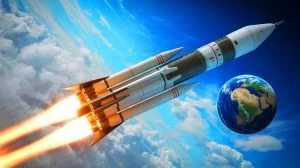 Illustration de la livraison rapide par fusée du projet Rocket Cargo, générée par intelligence artificielle.