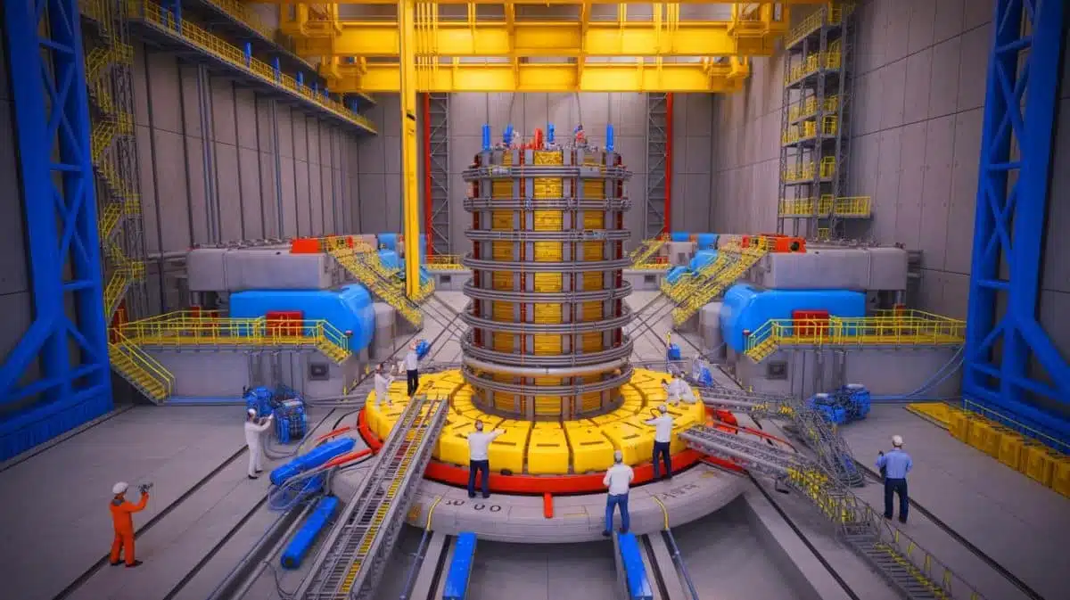 Illustration of the ITER project showcasing China's delivery of the magnetic feeder system for nuclear fusion energy innovation. Image generated by AI.