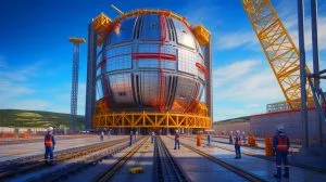 Illustration of the ITER project receiving a critical component from China, generated by artificial intelligence.