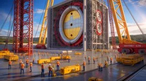 Illustration of the ITER fusion reactor's magnet feeder system components. Image generated by AI.