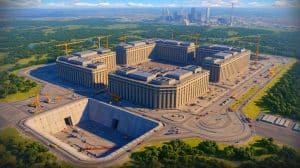 Illustration of the Beijing Military City, a massive fortress ten times the size of the Pentagon. Image generated by AI.